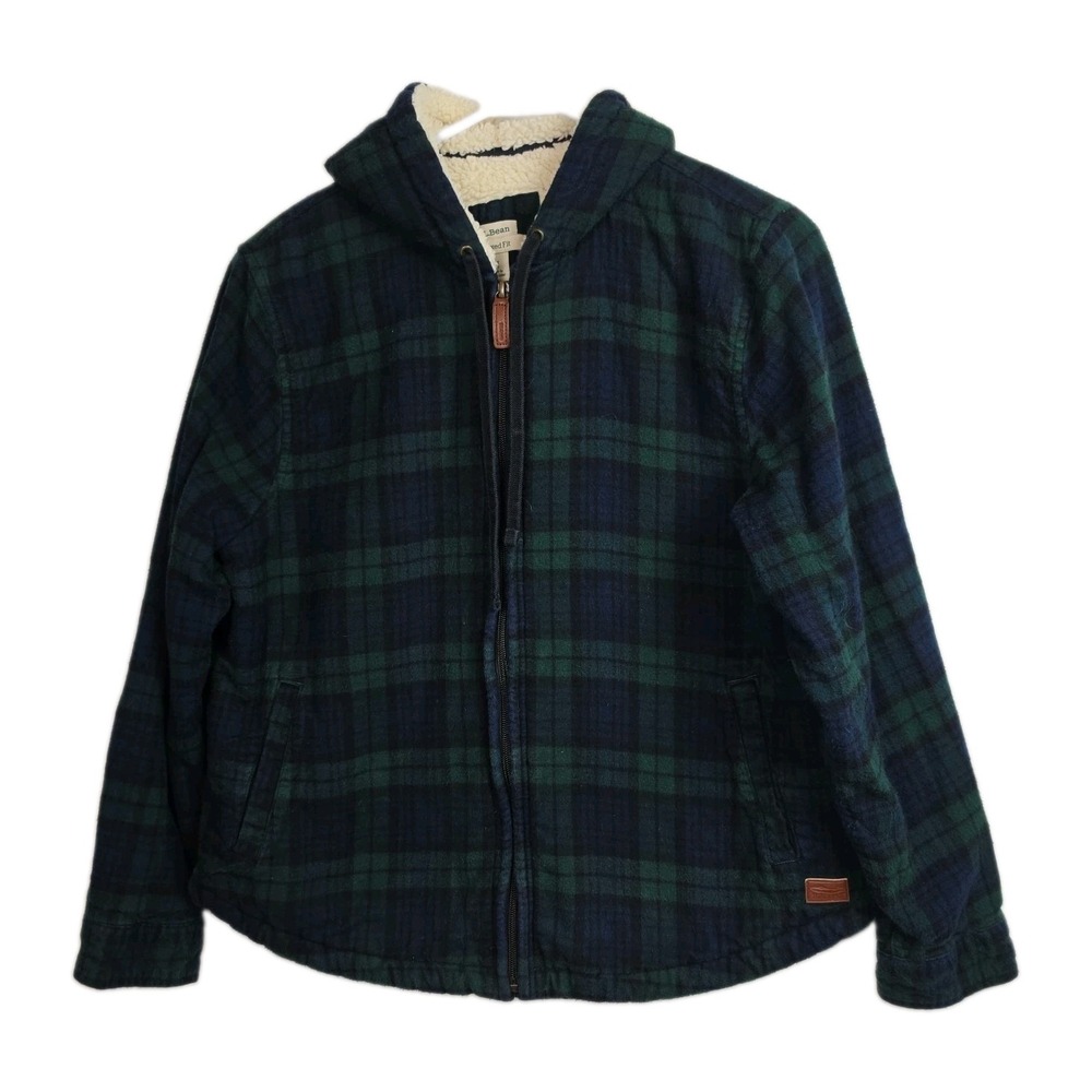LL Bean Scotch Plaid Flannel Sherpa Lined Hoodie Womens M Petite Blue Green